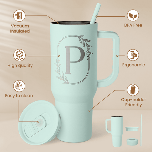 Personalized Monogrammed Tumbler with Handle 40oz, Letter P Tumblers Insulated Coffee Travel Cup, Custom Initial Gift for Women Girls Friends, Monogram Gift for Christmas Birthday Mothers Day