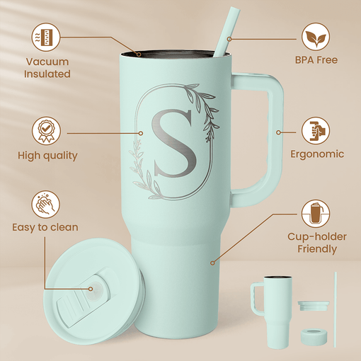 Personalized Monogrammed Tumbler with Handle 40oz, Letter S Tumblers Insulated Coffee Travel Cup, Custom Initial Gift for Women Girls Friends, Monogram Gift for Christmas Birthday Mothers Day