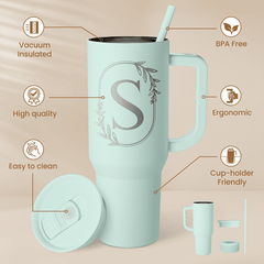 Personalized Monogrammed Tumbler with Handle 40oz, Letter S Tumblers Insulated Coffee Travel Cup, Custom Initial Gift for Women Girls Friends, Monogram Gift for Christmas Birthday Mothers Day