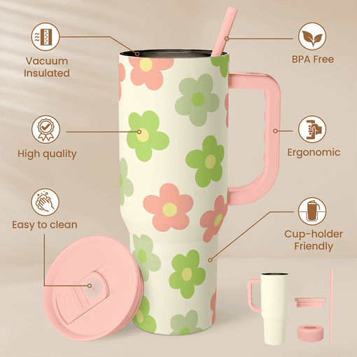 Daisy Tumbler with Handle 40oz, Floral Cup Stainless Steel Insulated Tumblers Coffee Travel Mug with Straw, Flower Cups Gifts for Women Girls Teens Birthday Christmas