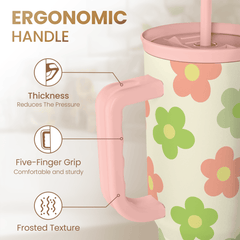 Daisy Tumbler with Handle 40oz, Floral Cup Stainless Steel Insulated Tumblers Coffee Travel Mug with Straw, Flower Cups Gifts for Women Girls Teens Birthday Christmas