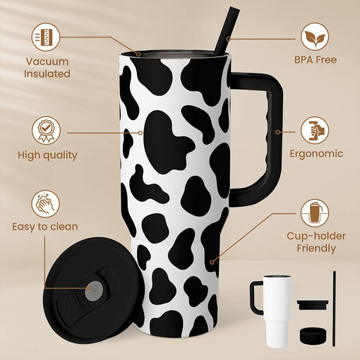 Cow Tumbler with Handle 40oz, Cow Print Cup Stainless Steel Tumblers Coffee Travel Cups with Slider Lid, Cow Gifts for Women Birthday Christmas Mothers Day