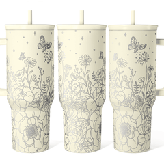 Floral Tumbler with Handle 40oz, Stainless Steel Insulated Tumblers Coffee Travel Mug Cup with Straw, Flower Coffee Cup Gifts for Women Girls, Gift for Her on Christmas Birthday Mothers Day