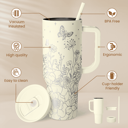 Floral Tumbler with Handle 40oz, Stainless Steel Insulated Tumblers Coffee Travel Mug Cup with Straw, Flower Coffee Cup Gifts for Women Girls, Gift for Her on Christmas Birthday Mothers Day