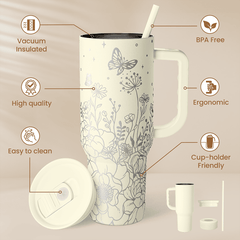 Floral Tumbler with Handle 40oz, Stainless Steel Insulated Tumblers Coffee Travel Mug Cup with Straw, Flower Coffee Cup Gifts for Women Girls, Gift for Her on Christmas Birthday Mothers Day