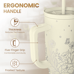 Floral Tumbler with Handle 40oz, Stainless Steel Insulated Tumblers Coffee Travel Mug Cup with Straw, Flower Coffee Cup Gifts for Women Girls, Gift for Her on Christmas Birthday Mothers Day