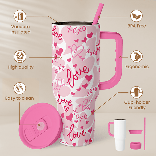 Heart Tumbler with Handle 40oz, Valentines Stainless Steel Insulated Tumblers Coffee Travel Cup with Straw Lid, Gifts for Women Girl