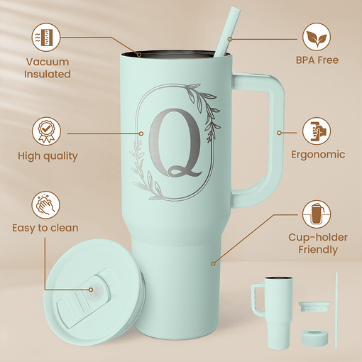 Personalized Monogrammed Tumbler with Handle 40oz, Letter Q Tumblers Insulated Coffee Travel Cup, Custom Initial Gift for Women Girls Friends, Monogram Gift for Christmas Birthday Mothers Day