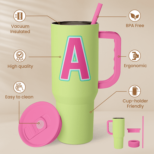 Monogrammed Tumbler with Handle 40oz, Letter A Tumblers Coffee Travel Cup with Straw, Personalized Monogram Initial Gifts for Women Girls, Customized Gifts for Christmas Birthday Mothers Day