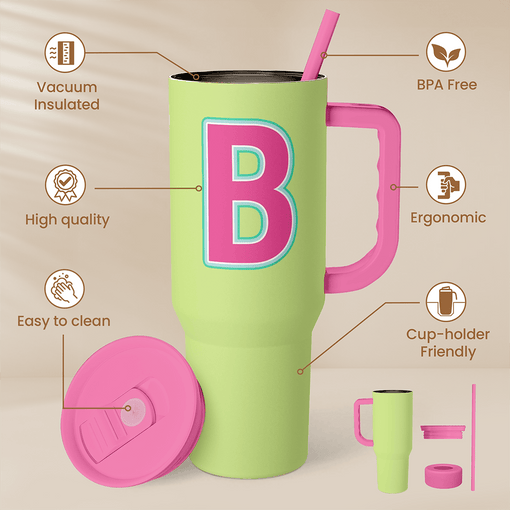 Monogrammed Tumbler with Handle 40oz, Letter B Tumblers Coffee Travel Cup with Straw, Personalized Monogram Initial Gifts for Women Girls, Customized Gifts for Christmas Birthday Mothers Day