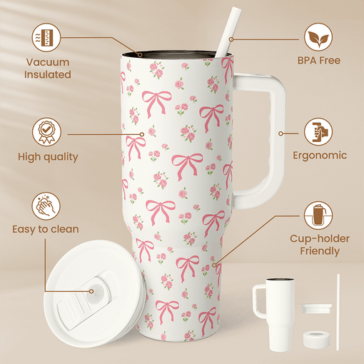 Bow Tumbler with Handle 40oz, Stainless Steel Insulated Tumblers Coffee Travel Cup with Slider Straw Lid, Cow Gifts for Women Teen Girls Birthday Christmas