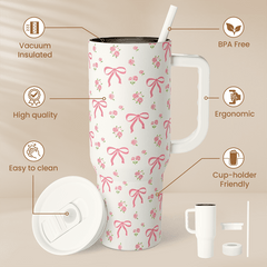 Bow Tumbler with Handle 40oz, Stainless Steel Insulated Tumblers Coffee Travel Cup with Slider Straw Lid, Gifts for Women Teen Girls Birthday Christmas
