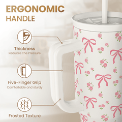 Bow Tumbler with Handle 40oz, Stainless Steel Insulated Tumblers Coffee Travel Cup with Slider Straw Lid, Gifts for Women Teen Girls Birthday Christmas