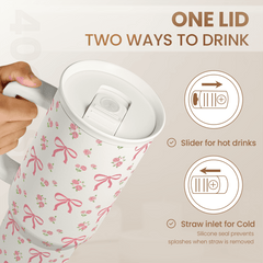 Bow Tumbler with Handle 40oz, Stainless Steel Insulated Tumblers Coffee Travel Cup with Slider Straw Lid, Gifts for Women Teen Girls Birthday Christmas