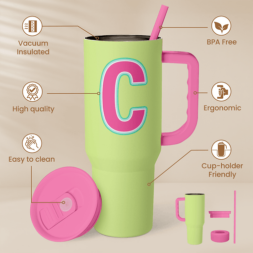 Monogrammed Tumbler with Handle 40oz, Letter C Tumblers Coffee Travel Cup with Straw, Personalized Monogram Initial Gifts for Women Girls, Customized Gifts for Christmas Birthday Mothers Day