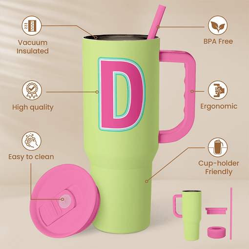 Monogrammed Tumbler with Handle 40oz, Letter D Tumblers Coffee Travel Cup with Straw, Personalized Monogram Initial Gifts for Women Girls, Customized Gifts for Christmas Birthday Mothers Day