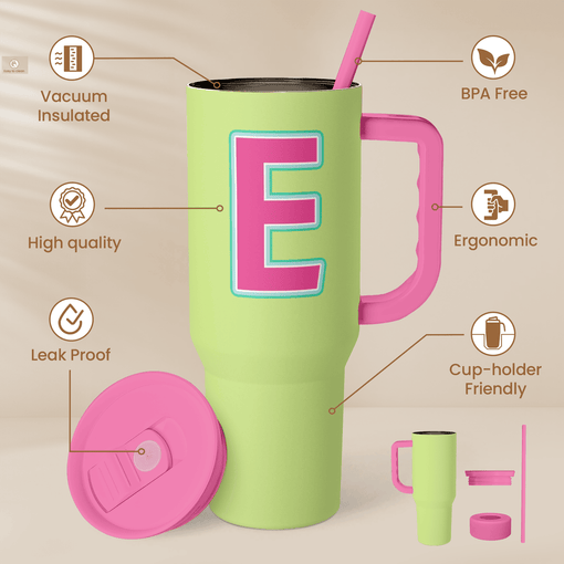 Monogrammed Tumbler with Handle 40oz, Letter E Tumblers Coffee Travel Cup with Straw, Personalized Monogram Initial Gifts for Women Girls, Customized Gifts for Christmas Birthday Mothers Day