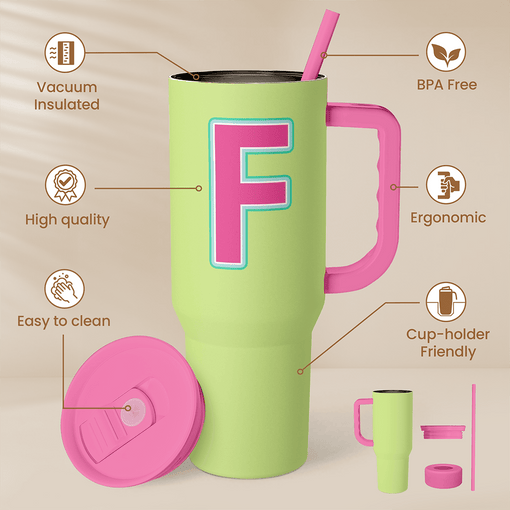 Monogrammed Tumbler with Handle 40oz, Letter F Tumblers Coffee Travel Cup with Straw, Personalized Monogram Initial Gifts for Women Girls, Customized Gifts for Christmas Birthday Mothers Day