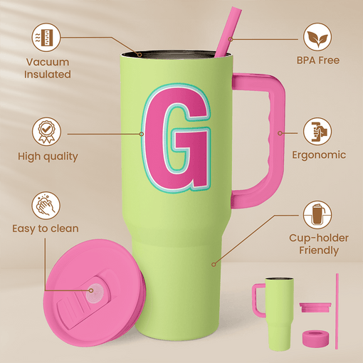 Monogrammed Tumbler with Handle 40oz, Letter G Tumblers Coffee Travel Cup with Straw, Personalized Monogram Initial Gifts for Women Girls, Customized Gifts for Christmas Birthday Mothers Day