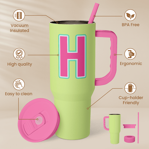 Monogrammed Tumbler with Handle 40oz, Letter H Tumblers Coffee Travel Cup with Straw, Personalized Monogram Initial Gifts for Women Girls, Customized Gifts for Christmas Birthday Mothers Day