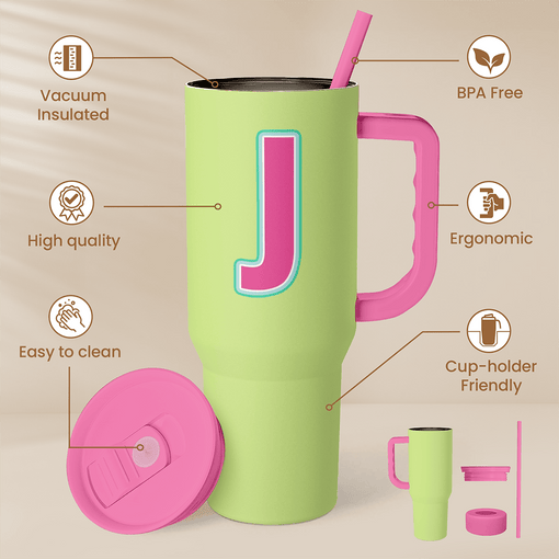 Monogrammed Tumbler with Handle 40oz, Letter J Tumblers Coffee Travel Cup with Straw, Personalized Monogram Initial Gifts for Women Girls, Customized Gifts for Christmas Birthday Mothers Day