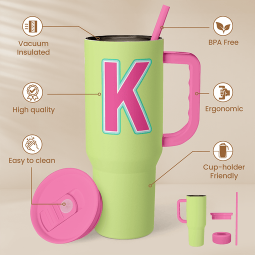 Monogrammed Tumbler with Handle 40oz, Letter K Tumblers Coffee Travel Cup with Straw, Personalized Monogram Initial Gifts for Women Girls, Customized Gifts for Christmas Birthday Mothers Day