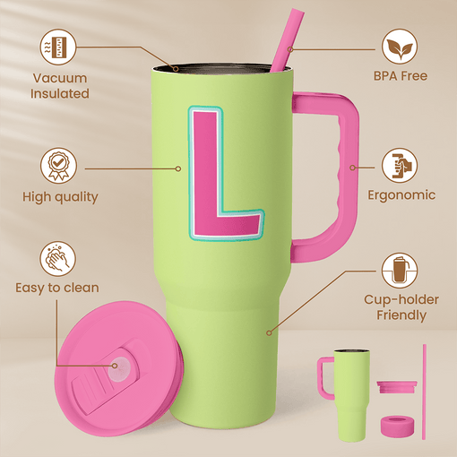 Monogrammed Tumbler with Handle 40oz, Letter L Tumblers Coffee Travel Cup with Straw, Personalized Monogram Initial Gifts for Women Girls, Customized Gifts for Christmas Birthday Mothers Day