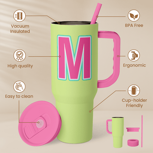 Monogrammed Tumbler with Handle 40oz, Letter M Tumblers Coffee Travel Cup with Straw, Personalized Monogram Initial Gifts for Women Girls, Customized Gifts for Christmas Birthday Mothers Day