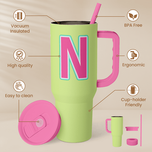 Monogrammed Tumbler with Handle 40oz, Letter N Tumblers Coffee Travel Cup with Straw, Personalized Monogram Initial Gifts for Women Girls, Customized Gifts for Christmas Birthday Mothers Day