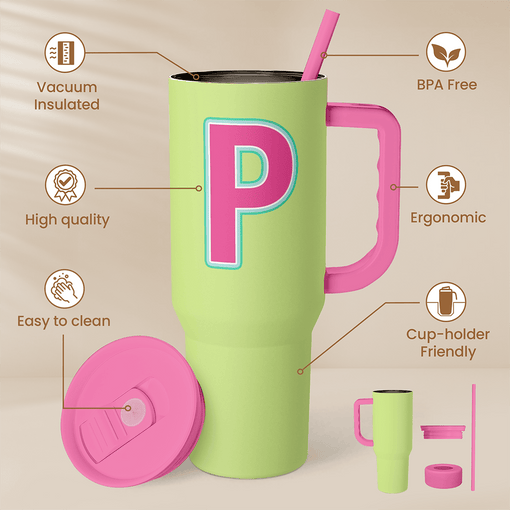 Monogrammed Tumbler with Handle 40oz, Letter P Tumblers Coffee Travel Cup with Straw, Personalized Monogram Initial Gifts for Women Girls, Customized Gifts for Christmas Birthday Mothers Day