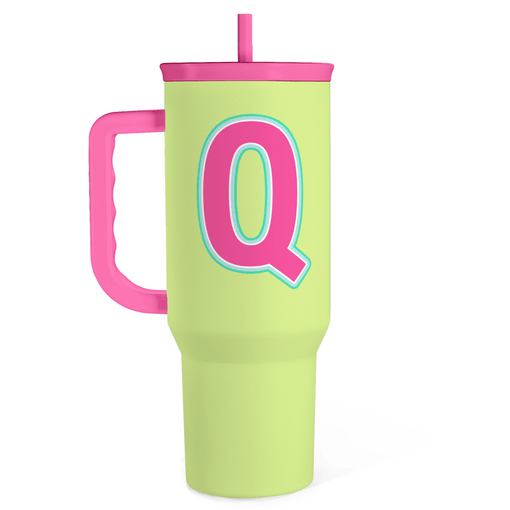 Monogrammed Tumbler with Handle 40oz, Letter Q Tumblers Coffee Travel Cup with Straw, Personalized Monogram Initial Gifts for Women Girls, Customized Gifts for Christmas Birthday Mothers Day