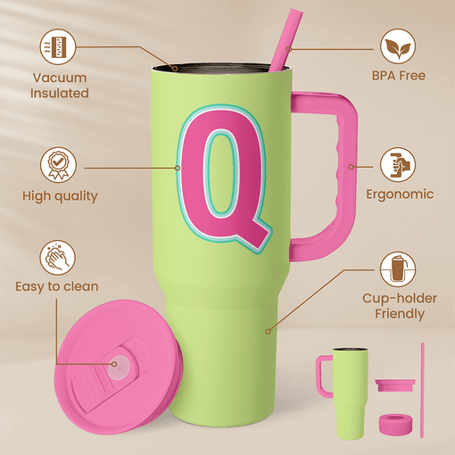 Monogrammed Tumbler with Handle 40oz, Letter Q Tumblers Coffee Travel Cup with Straw, Personalized Monogram Initial Gifts for Women Girls, Customized Gifts for Christmas Birthday Mothers Day