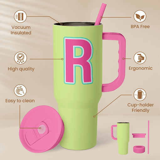 Monogrammed Tumbler with Handle 40oz, Letter R Tumblers Coffee Travel Cup with Straw, Personalized Monogram Initial Gifts for Women Girls, Customized Gifts for Christmas Birthday Mothers Day