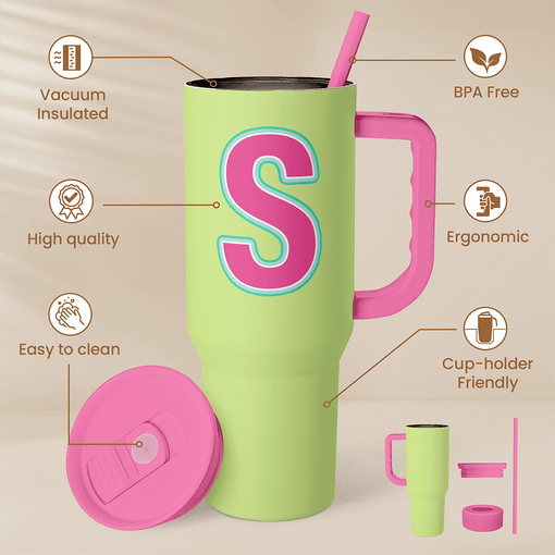 Monogrammed Tumbler with Handle 40oz, Letter S Tumblers Coffee Travel Cup with Straw, Personalized Monogram Initial Gifts for Women Girls, Customized Gifts for Christmas Birthday Mothers Day