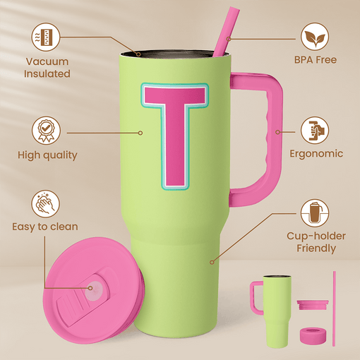 Monogrammed Tumbler with Handle 40oz, Letter T Tumblers Coffee Travel Cup with Straw, Personalized Monogram Initial Gifts for Women Girls, Customized Gifts for Christmas Birthday Mothers Day