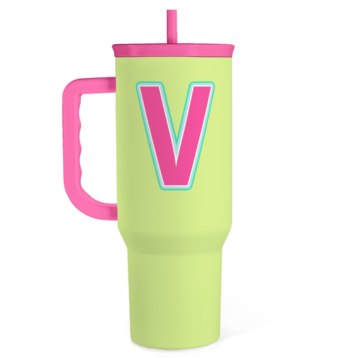 Monogrammed Tumbler with Handle 40oz, Letter V Tumblers Coffee Travel Cup with Straw, Personalized Monogram Initial Gifts for Women Girls, Customized Gifts for Christmas Birthday Mothers Day