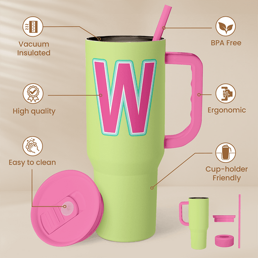 Monogrammed Tumbler with Handle 40oz, Letter W Tumblers Coffee Travel Cup with Straw, Personalized Monogram Initial Gifts for Women Girls, Customized Gifts for Christmas Birthday Mothers Day