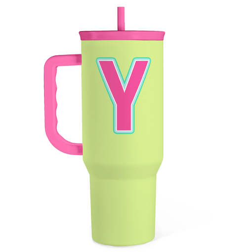 Monogrammed Tumbler with Handle 40oz, Letter Y Tumblers Coffee Travel Cup with Straw, Personalized Monogram Initial Gifts for Women Girls, Customized Gifts for Christmas Birthday Mothers Day