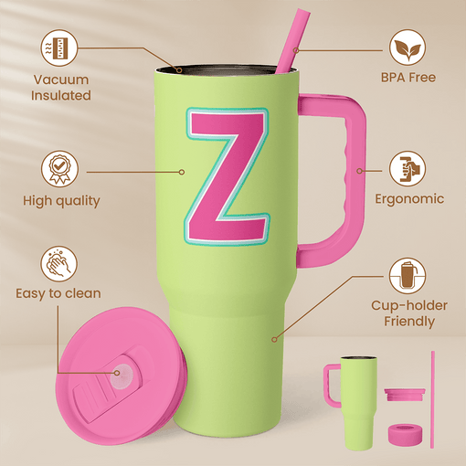 Monogrammed Tumbler with Handle 40oz, Letter Z Tumblers Coffee Travel Cup with Straw, Personalized Monogram Initial Gifts for Women Girls, Customized Gifts for Christmas Birthday Mothers Day