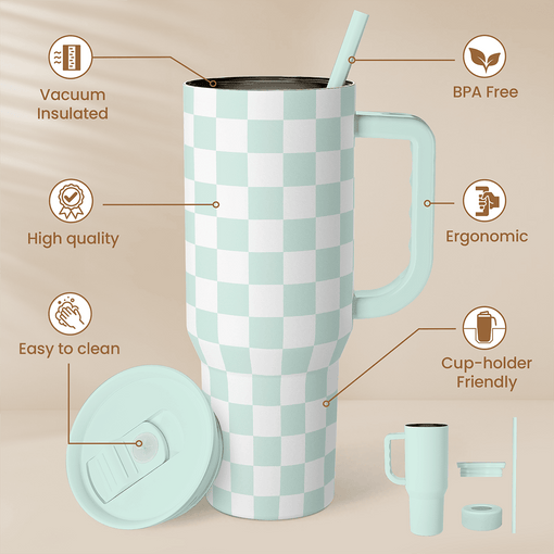 Checkered Tumbler with Handle 40oz, Mint Checker Cup Stainless Steel Insulated Tumblers Coffee Travel Mug Cups with Straw, Gifts for Women Girls Teen Birthday Christmas