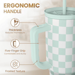 Checkered Tumbler with Handle 40oz, Mint Checker Cup Stainless Steel Insulated Tumblers Coffee Travel Mug Cups with Straw, Gifts for Women Girls Teen Birthday Christmas
