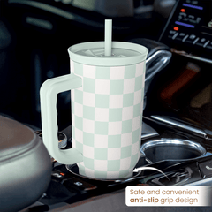 Checkered Tumbler with Handle 40oz, Mint Checker Cup Stainless Steel Insulated Tumblers Coffee Travel Mug Cups with Straw, Gifts for Women Girls Teen Birthday Christmas