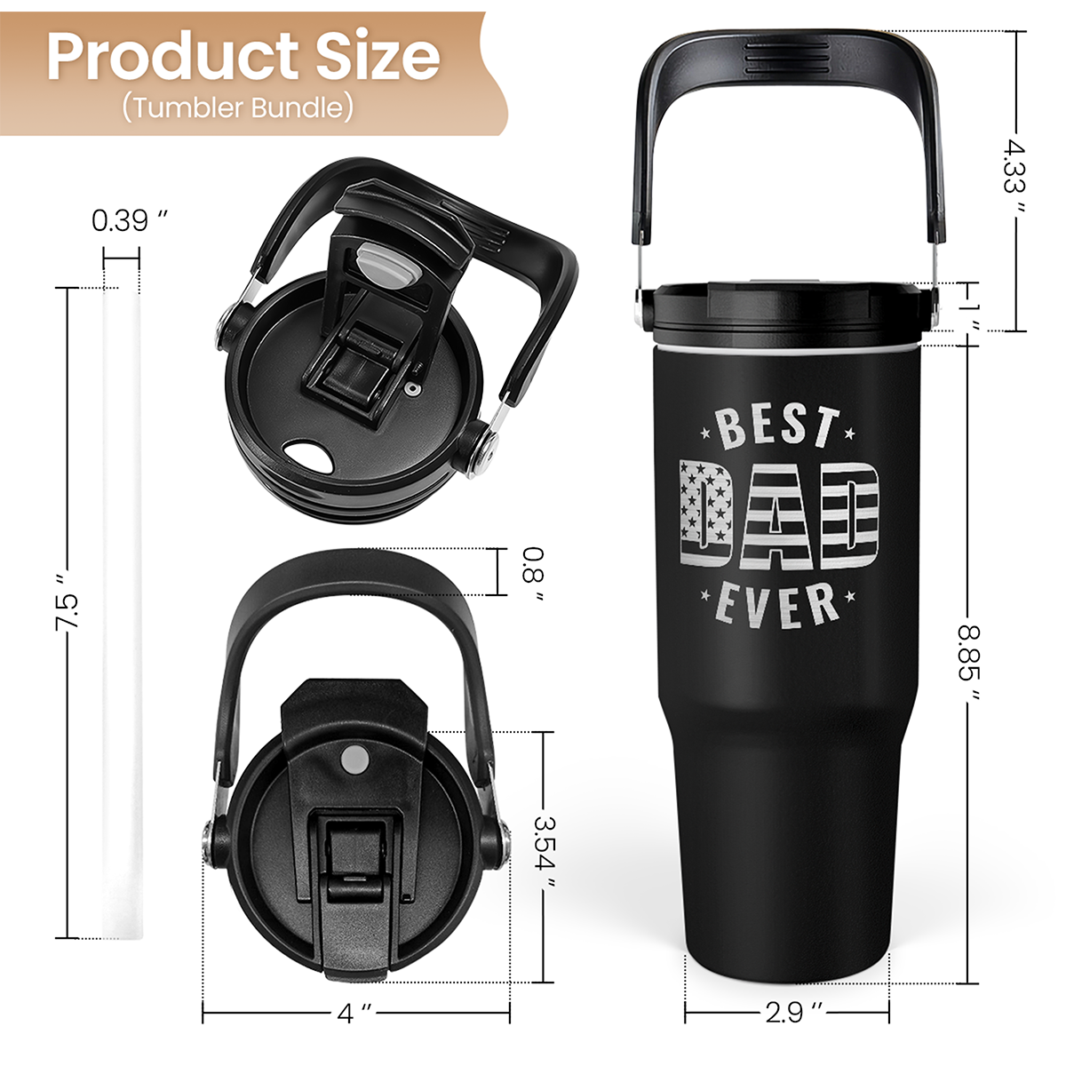 Best Dad Ever 30oz Stainless Steel Insulated Tumbler Flip Straw Lid Handle