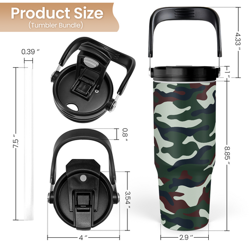 Camo Tumbler with Handle 30oz - Camouflage Tumblers Stainless Steel Insulated Flip Straw Coffee Travel Cup, Gifts for Men Veteran Hunting Lover Sport Outdoor Workout