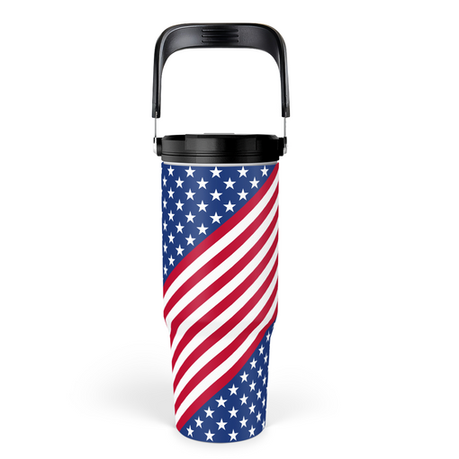 American Flag Tumbler with Handle 30oz, Stainless Steel Insulated Flip Straw Tumblers Coffee Travel Mug Cup, USA America Gifts for Women Men for Birthday Christmas