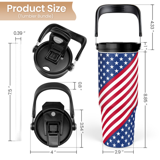 American Flag Tumbler with Handle 30oz, Stainless Steel Insulated Flip Straw Tumblers Coffee Travel Mug Cup, USA America Gifts for Women Men for Birthday Christmas