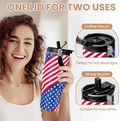 American Flag Tumbler with Handle 30oz, Stainless Steel Insulated Flip Straw Tumblers Coffee Travel Mug Cup, USA America Gifts for Women Men for Birthday Christmas