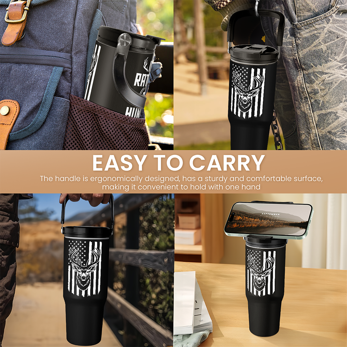 Hunting Gift for Men, Deer Hunting Tumbler with Handle, 30oz Flip Straw Stainless Steel Insulated Coffee Travel Cup, Gifts for Hunter Dad Grandpa on Birthday Christmas Fathers Day