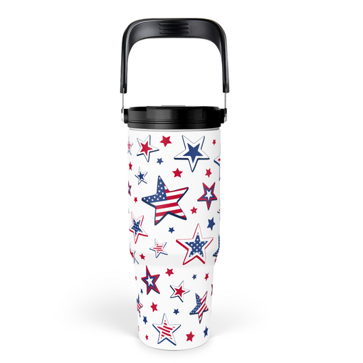 American Flag Star Tumbler with Handle 30oz, Stainless Steel Insulated Flip Straw Tumblers Coffee Travel Mug Cup, USA America Gifts for Women Girl for Birthday Christmas