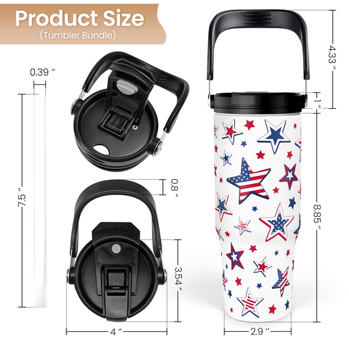 American Flag Star Tumbler with Handle 30oz, Stainless Steel Insulated Flip Straw Tumblers Coffee Travel Mug Cup, USA America Gifts for Women Girl for Birthday Christmas